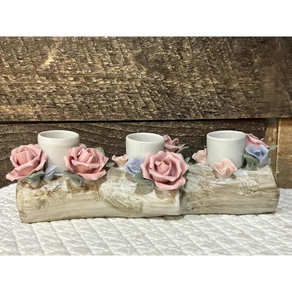 Candle Holder Taper Vintage Bisque Porcelain Pink Blue Roses 7 1/2" L x 2" W